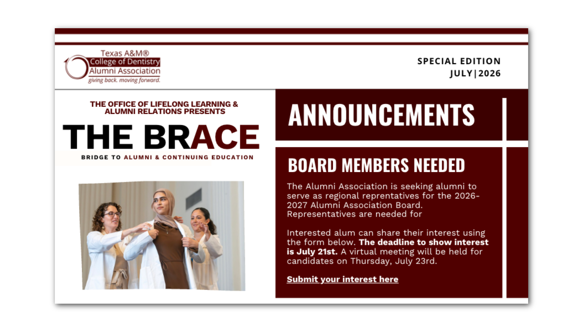 Front page view of a copy of an dental school alumni newsletter.